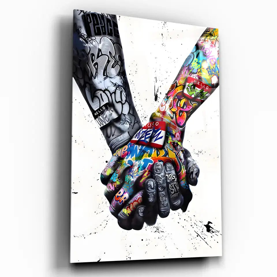 Tableau Street Art Union Colorée en verre acrylique, vue inclinée sur fond blanc