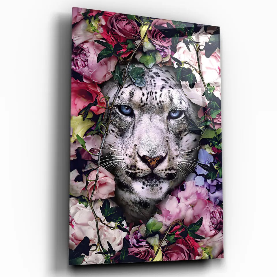 Tableau tigre blanc fleurs Toile Unique.fr