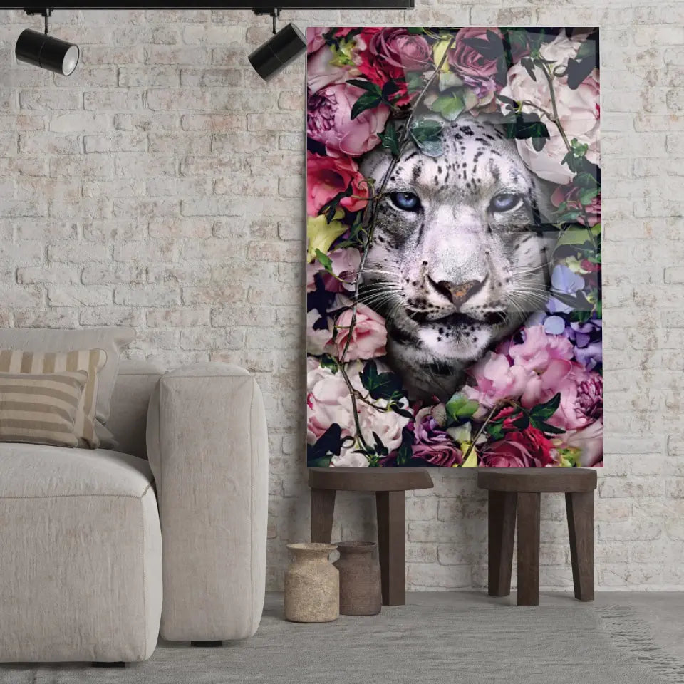 Tableau tigre blanc fleurs Toile Unique.fr