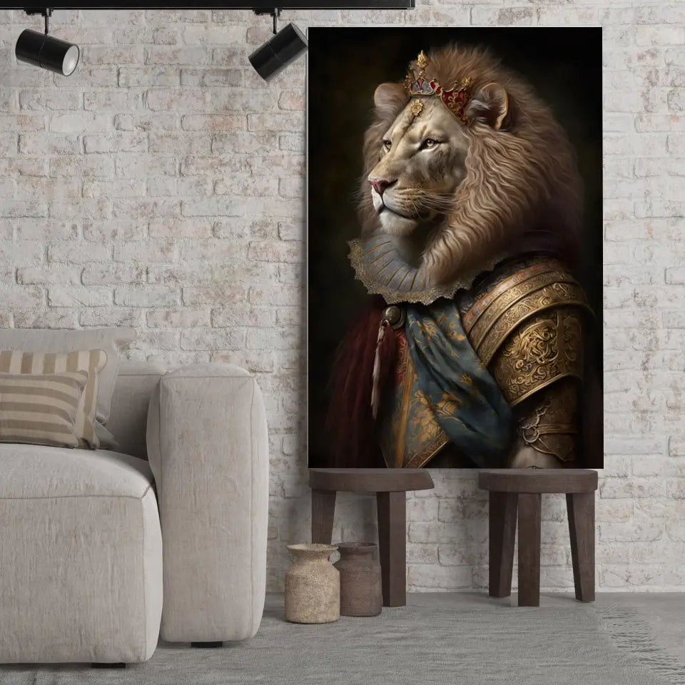 Tableau Lion Couronné en Habit Royal Toile Unique.fr