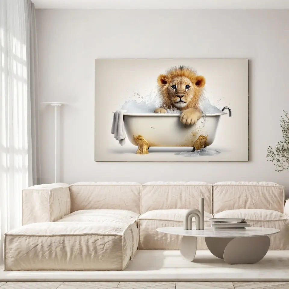 Tableau Lionceau dans un Bain Toile Unique.fr