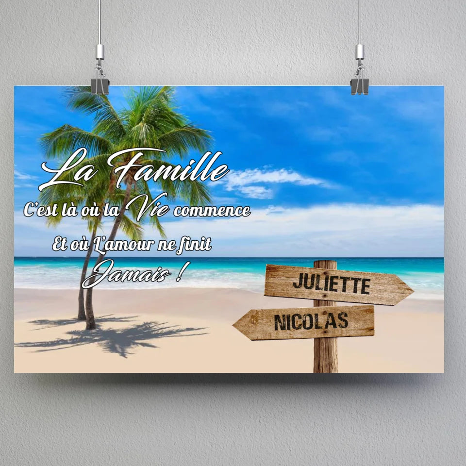 Tableau prénoms - plage et cocotiers (famille) Toile Unique.fr
