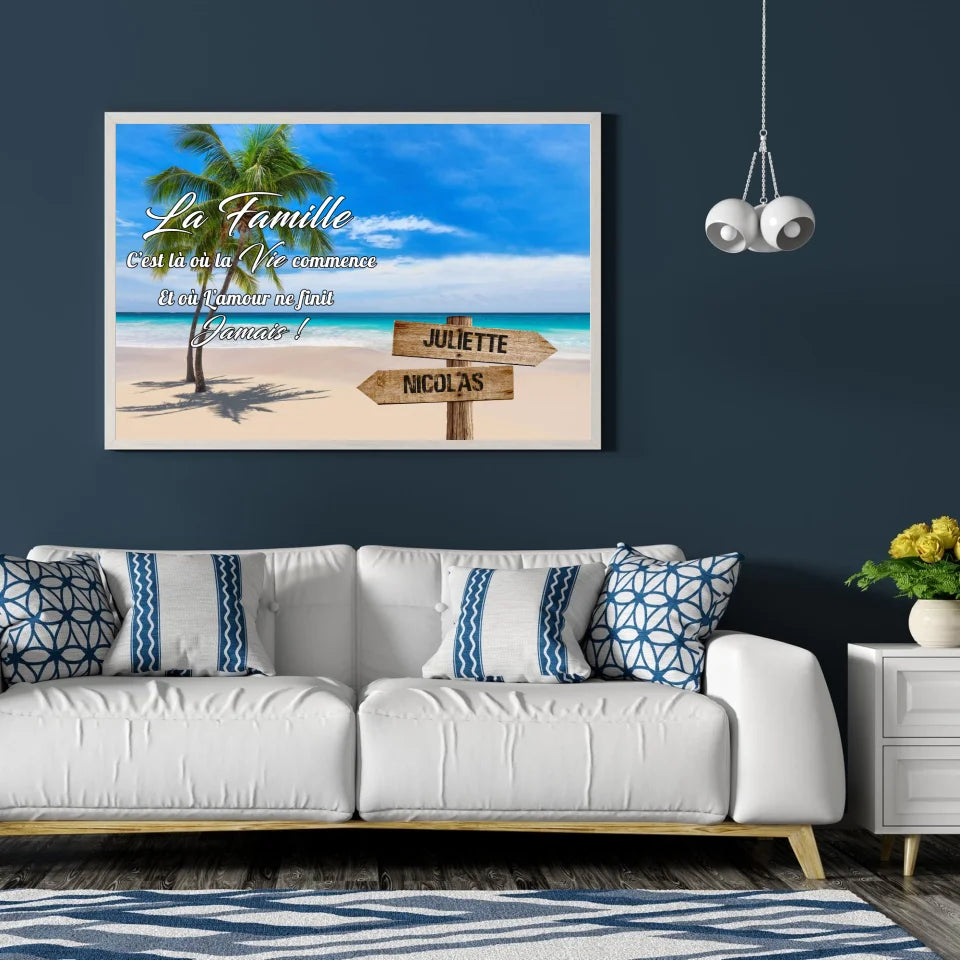 Tableau prénoms - plage et cocotiers (famille) Toile Unique.fr