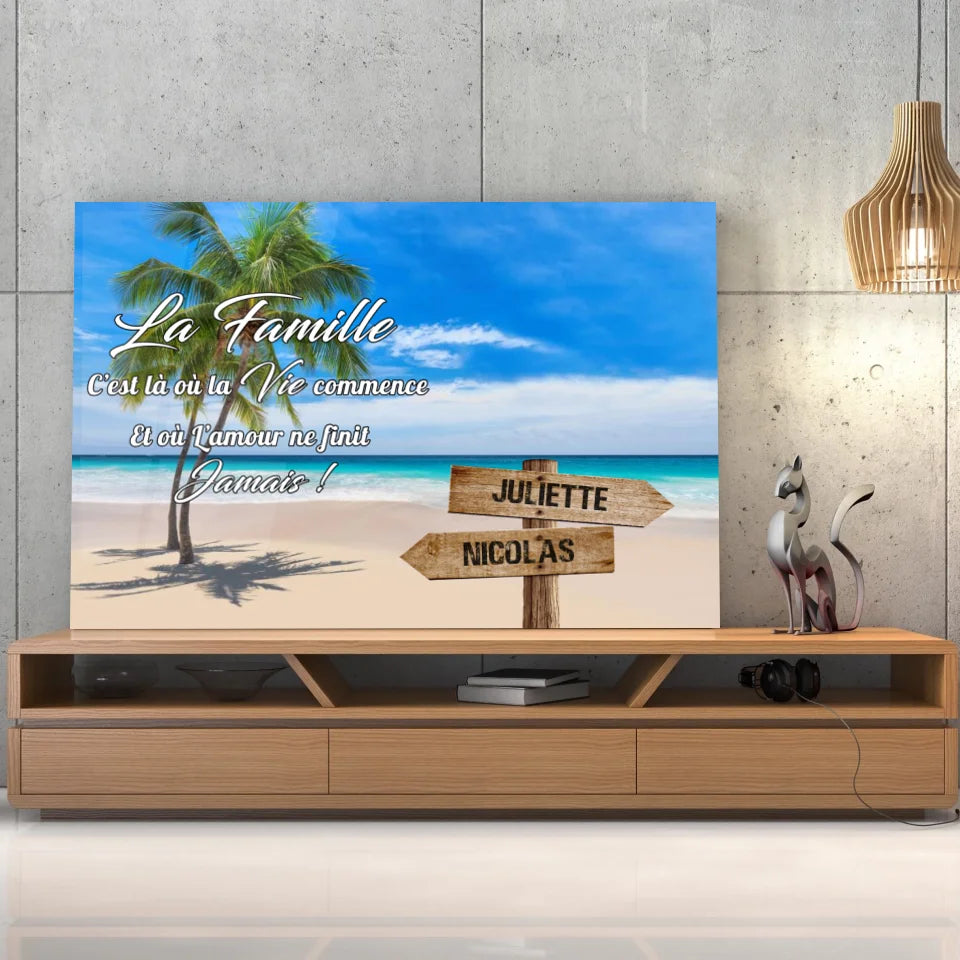 Tableau prénoms - plage et cocotiers (famille) Toile Unique.fr