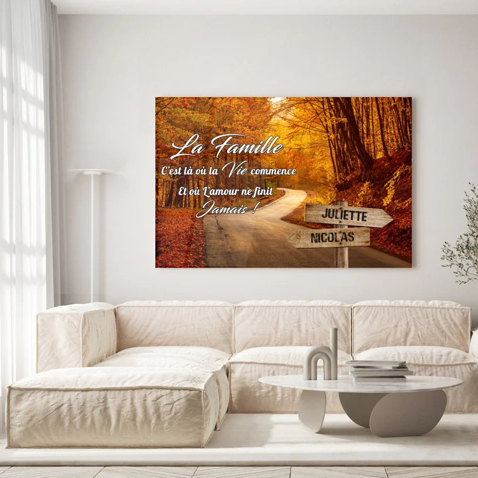 Tableau prénoms - route d'automne (famille) Toile Unique.fr