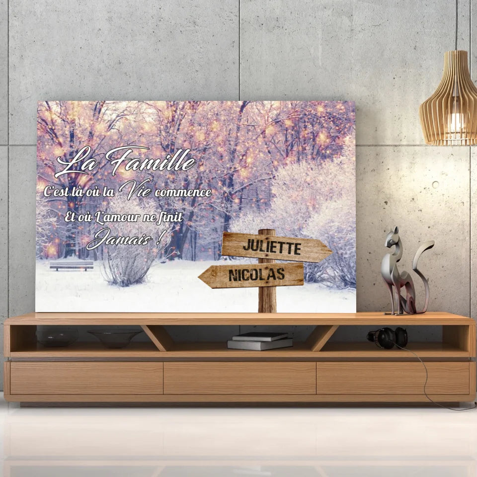 Tableau prénoms - paysage enneigé (famille) Toile Unique.fr