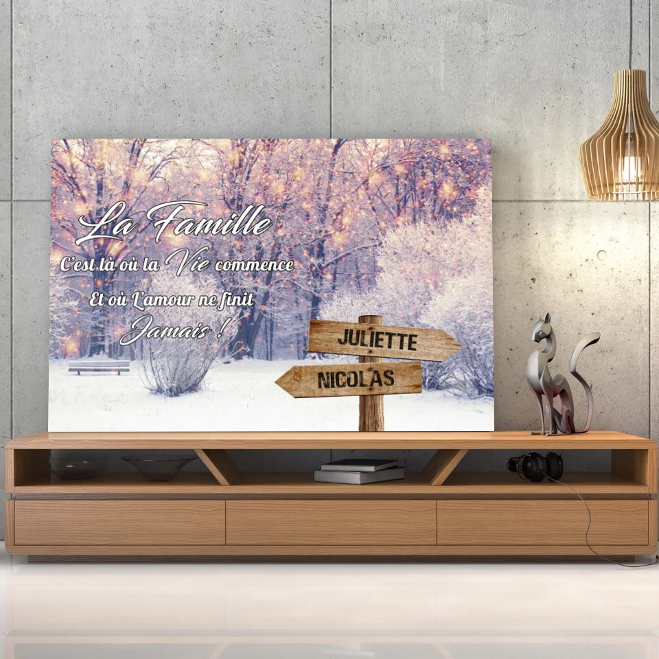 Tableau prénoms - paysage enneigé (famille) Toile Unique.fr