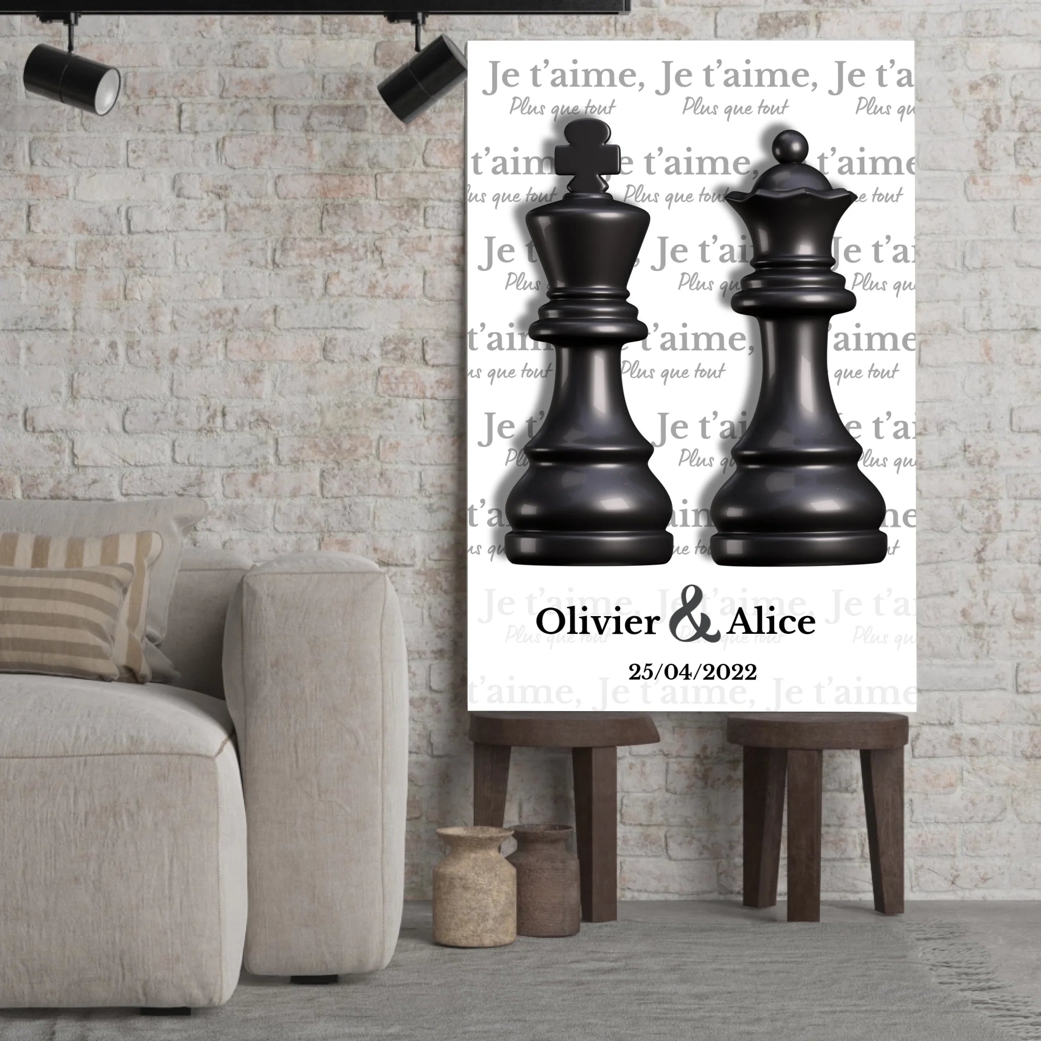 Tableau couple Roi et Reine échiquier Toile Unique