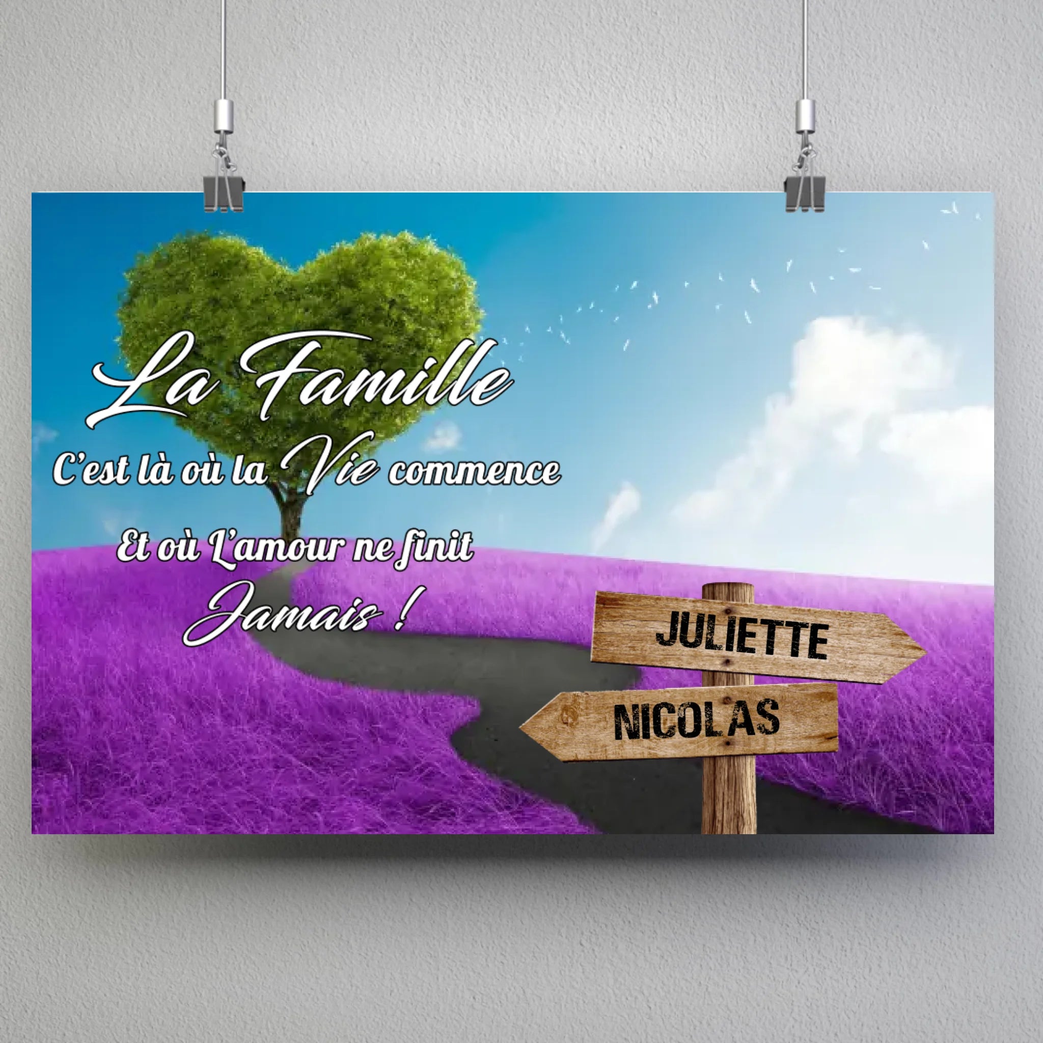 Tableau prénoms - Arbre cœur et champ violet Toile Unique.fr