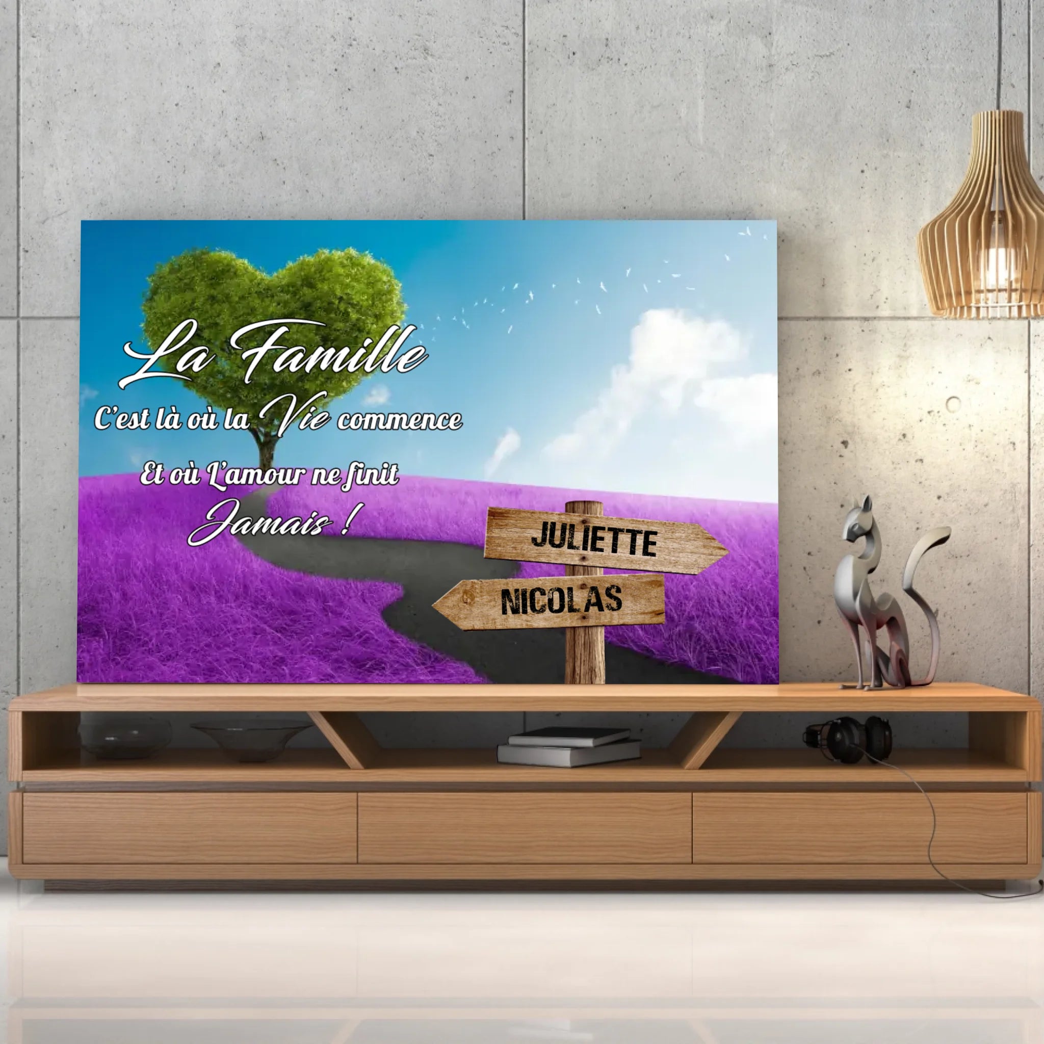 Tableau prénoms - Arbre cœur et champ violet Toile Unique.fr