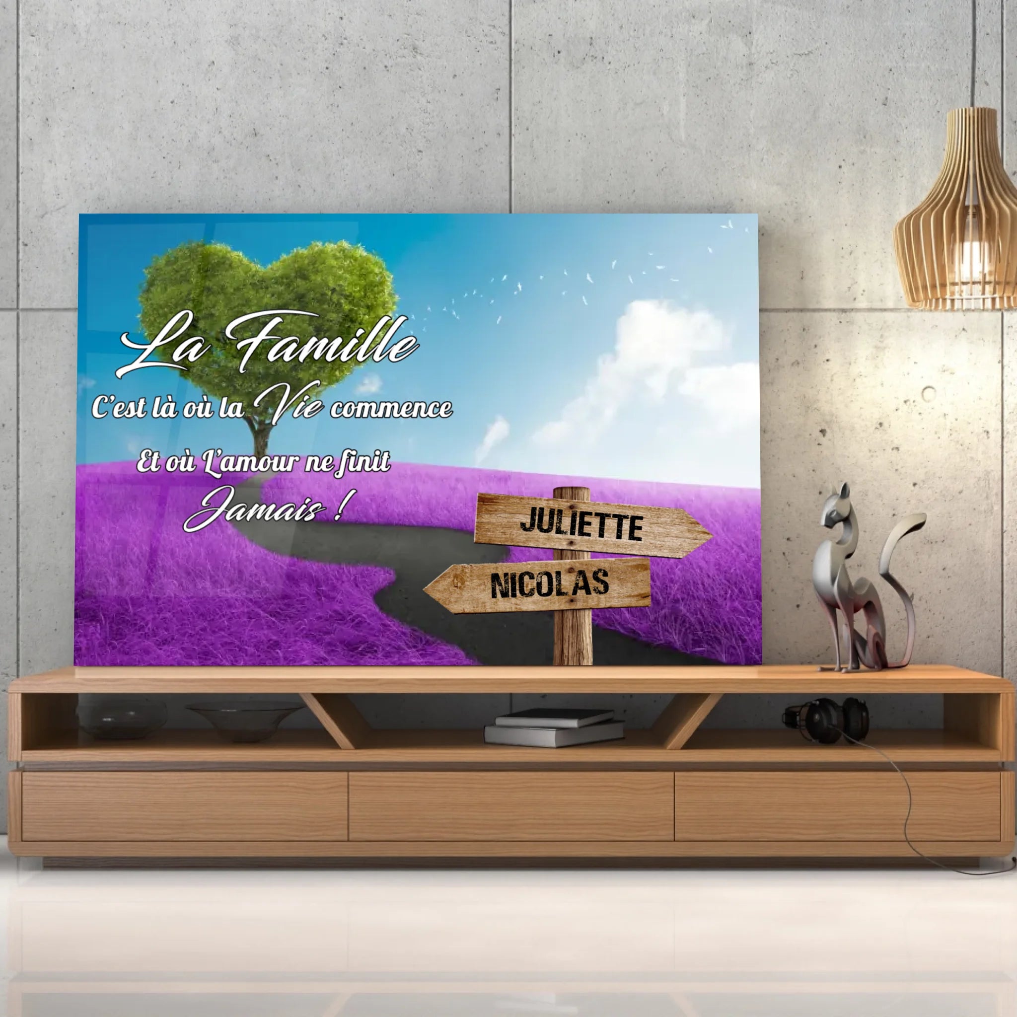 Tableau prénoms - Arbre cœur et champ violet Toile Unique.fr