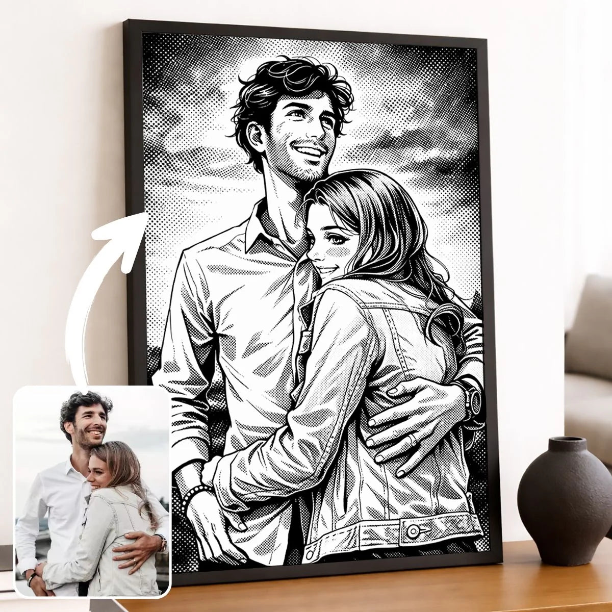 portrait-personnalise-manga-retro-noir-et-blanc Toile Unique