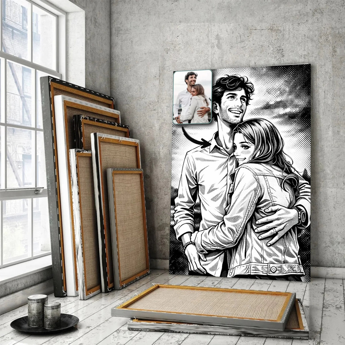 portrait-personnalise-manga-retro-noir-et-blanc Toile Unique