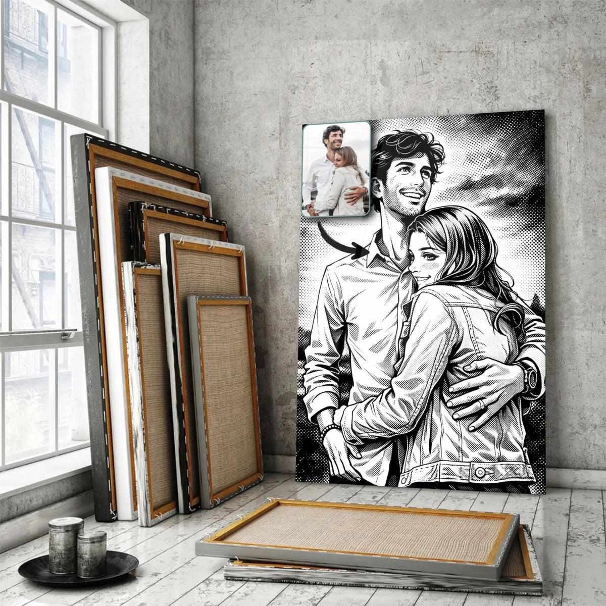 portrait-personnalise-manga-retro-noir-et-blanc Toile Unique