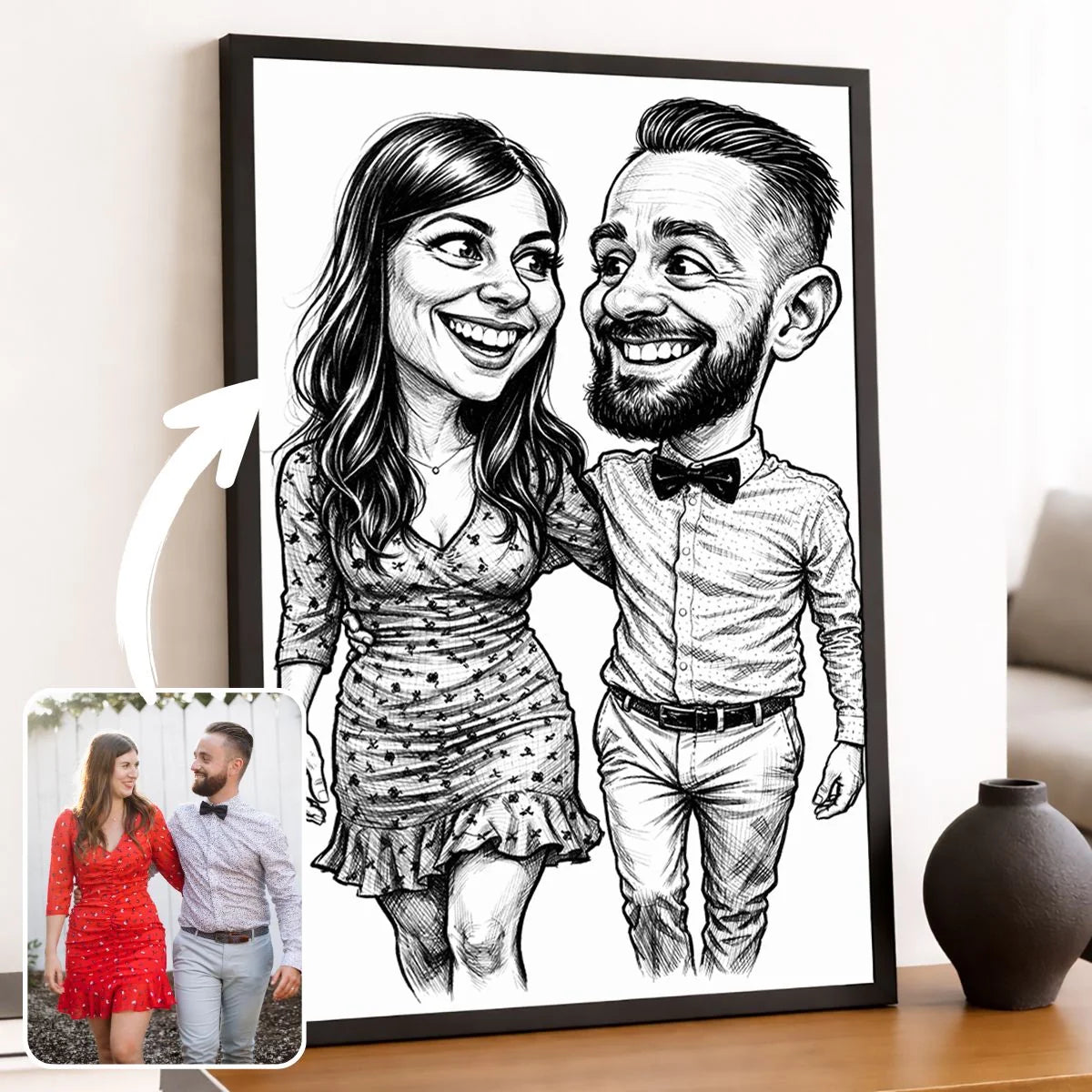 portrait personnalise style caricature noir et blanc Toile Unique