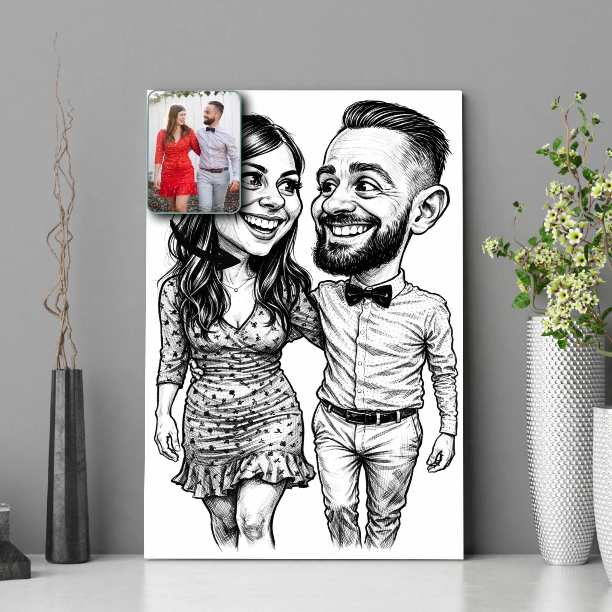 Portrait personnalisé style caricature noir et blanc Toile Unique
