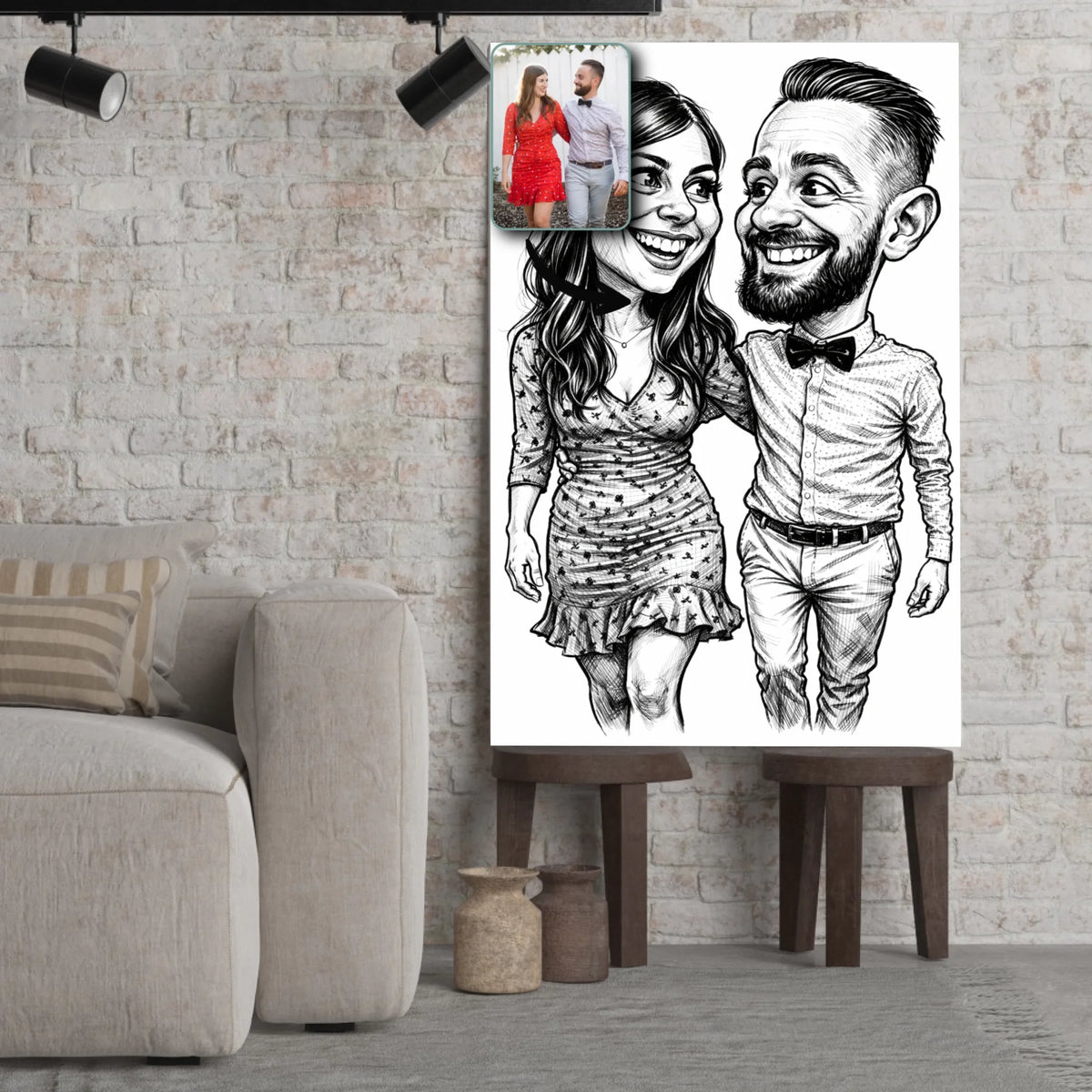 Portrait personnalisé style caricature noir et blanc Toile Unique