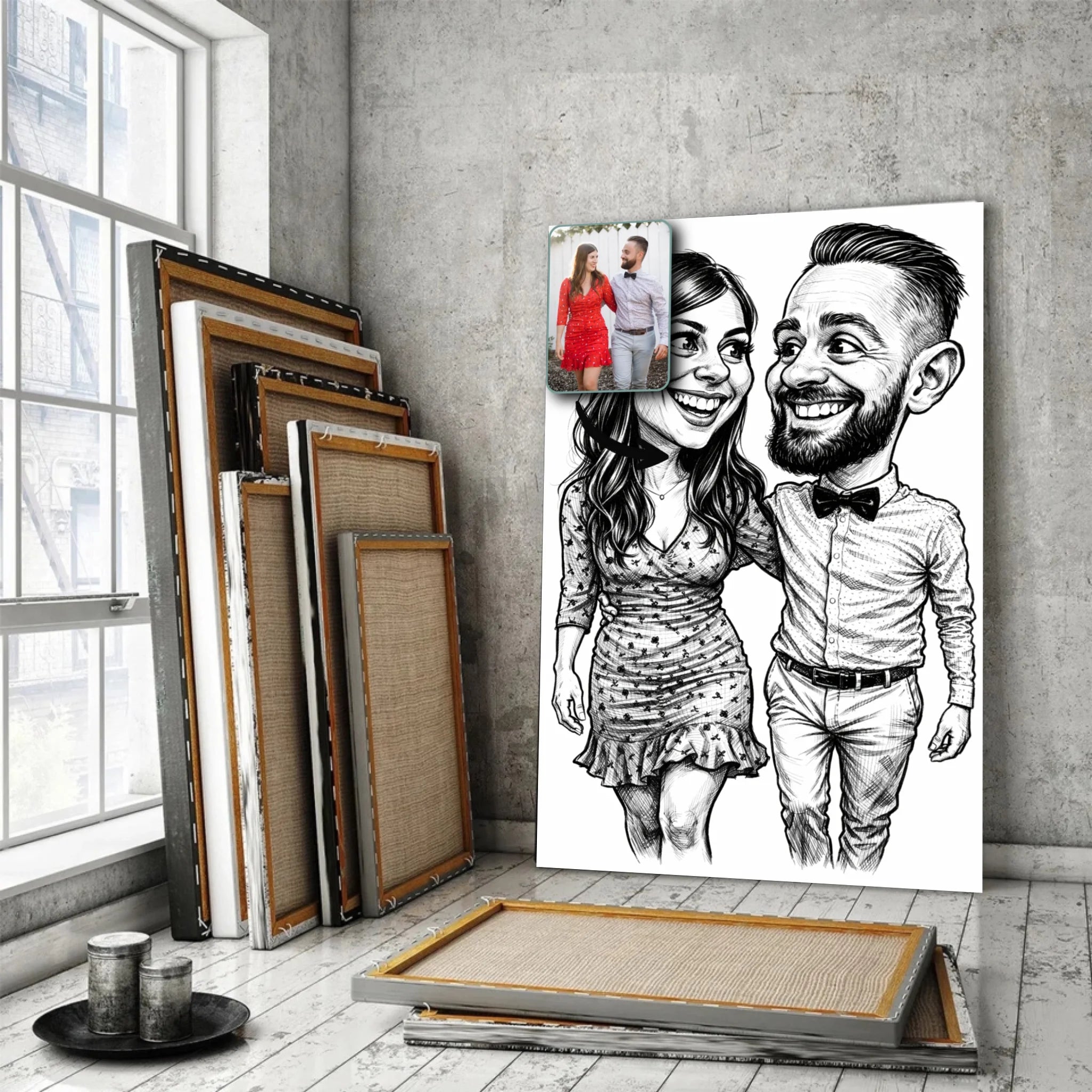 Portrait personnalisé style caricature noir et blanc Toile Unique