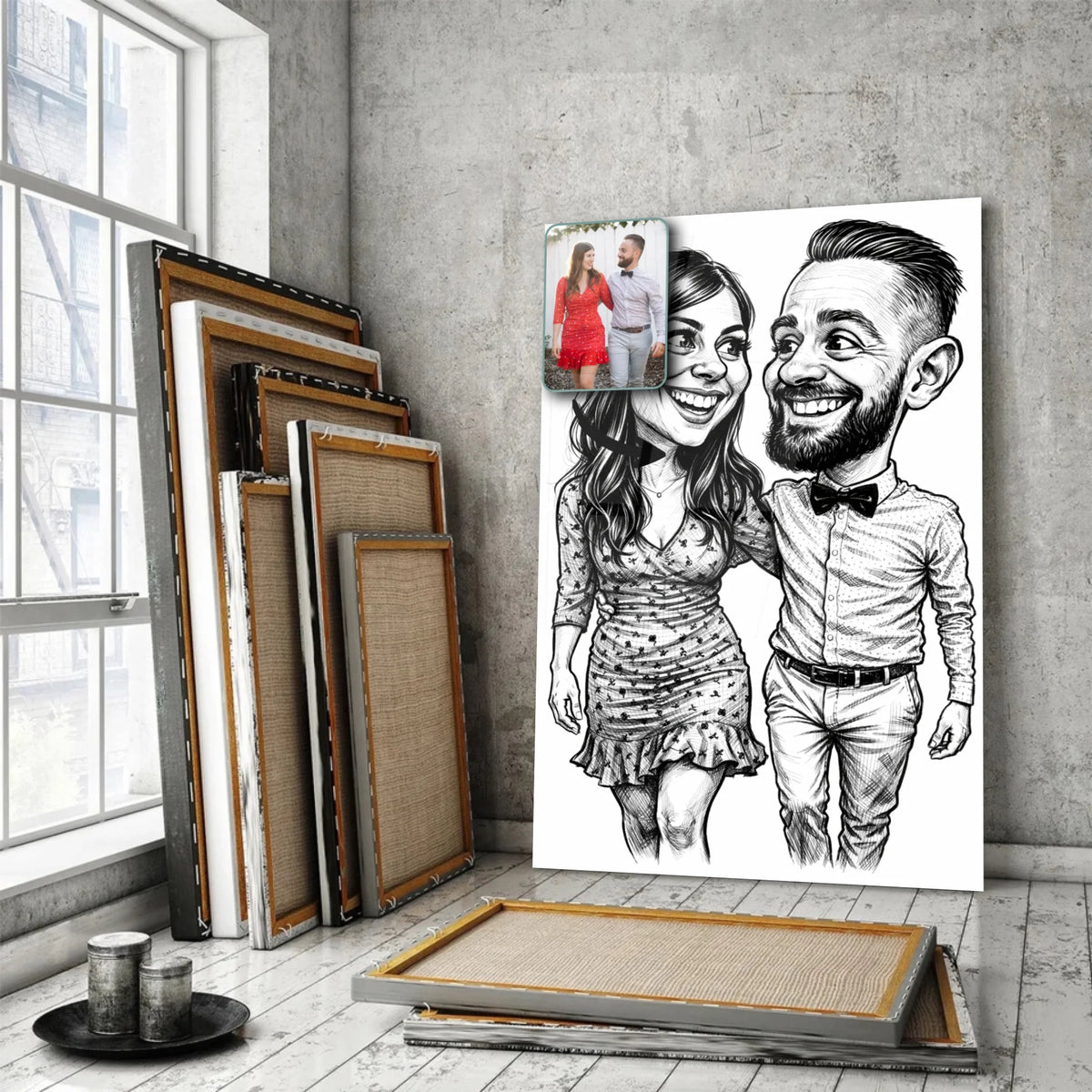 Portrait personnalisé style caricature noir et blanc Toile Unique