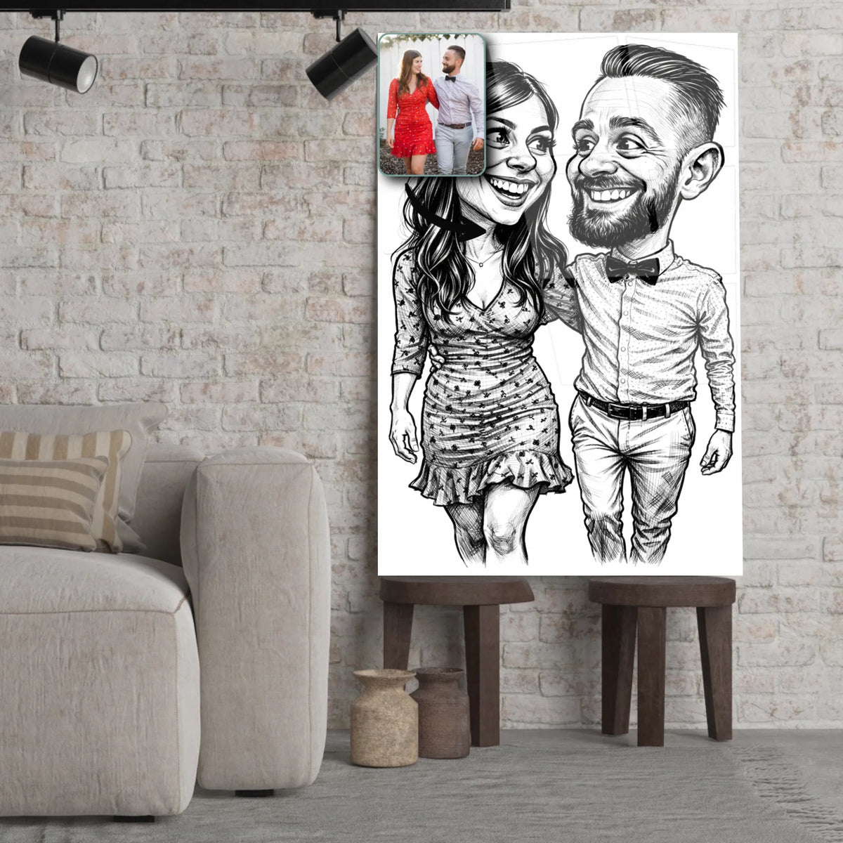 Portrait personnalisé style caricature noir et blanc Toile Unique