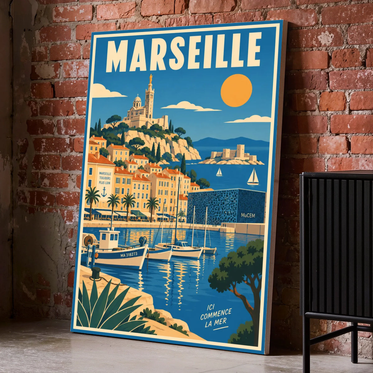 Toile posée au sol sur un mur brique
