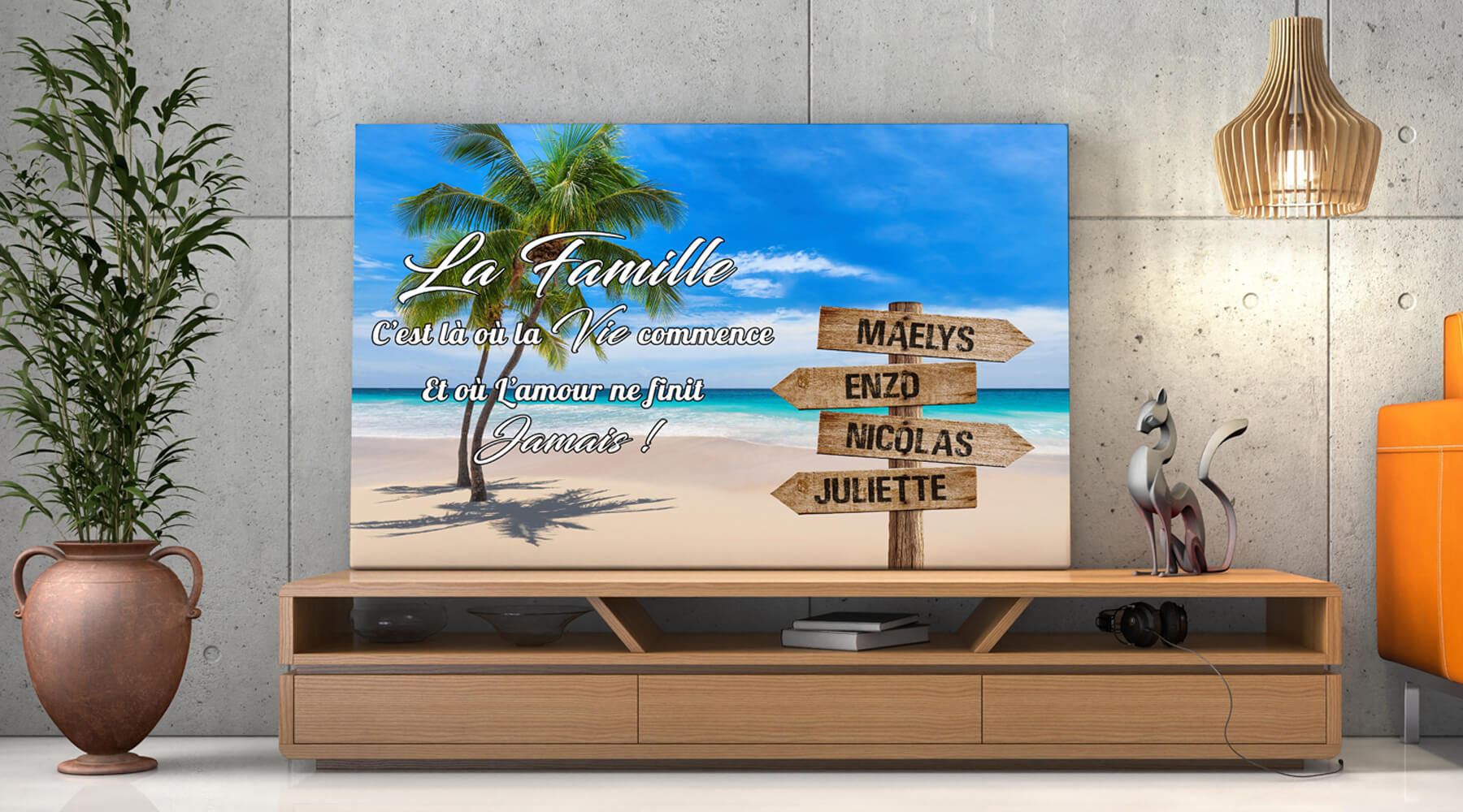 Tableau prénoms plage et cocotier