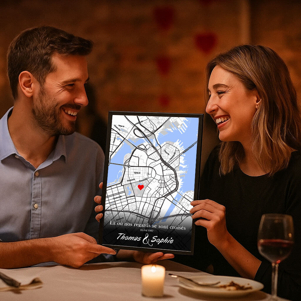Un couple souriant tient le tableau lieu de rencontre “Là où tout a commencé” de Toile Unique dans un restaurant romantique.