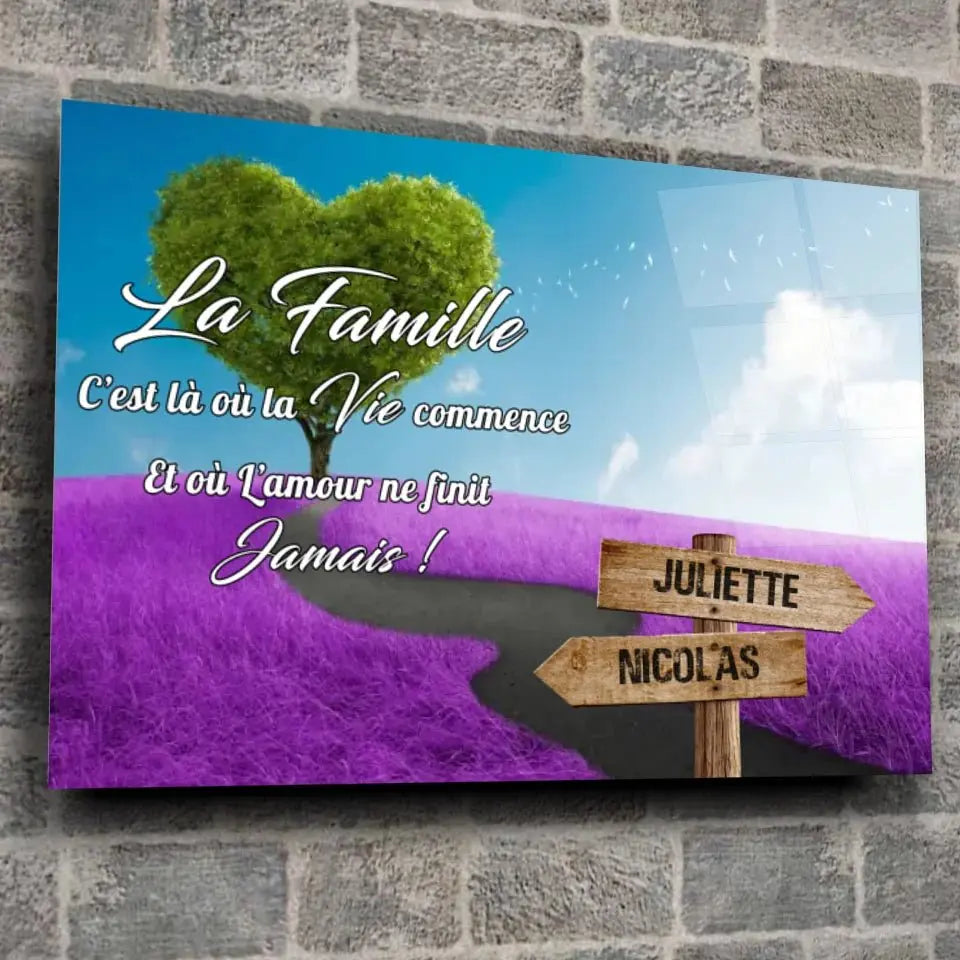 Tableau prénoms - Arbre cœur et champ violet - Toile Unique