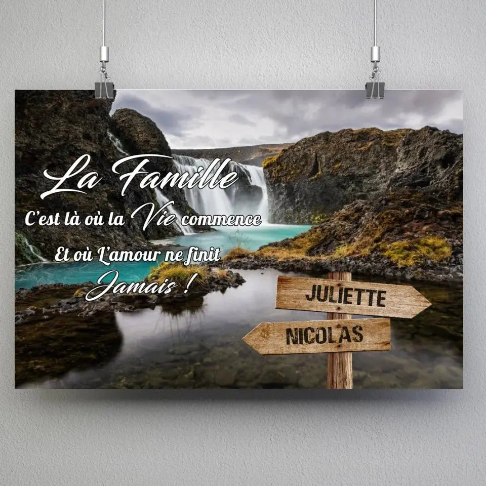 Tableau prénoms - cascade d'eau (famille) Toile Unique.fr