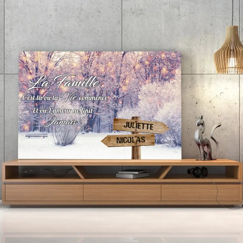 Tableau prénoms - paysage enneigé (famille) Toile Unique.fr