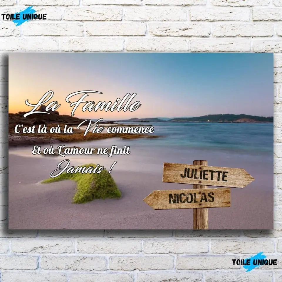 Tableau prénoms - plage et algues (famille) Toile Unique.fr