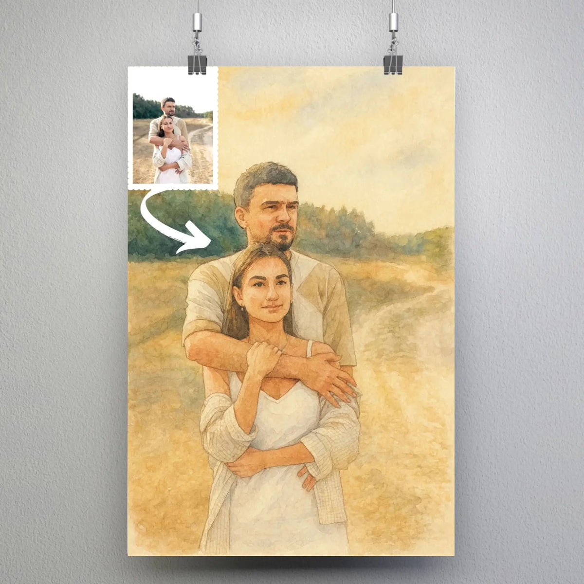 Affiche personnalisée effet peinture aquarelle, portrait de couple suspendu avec pinces