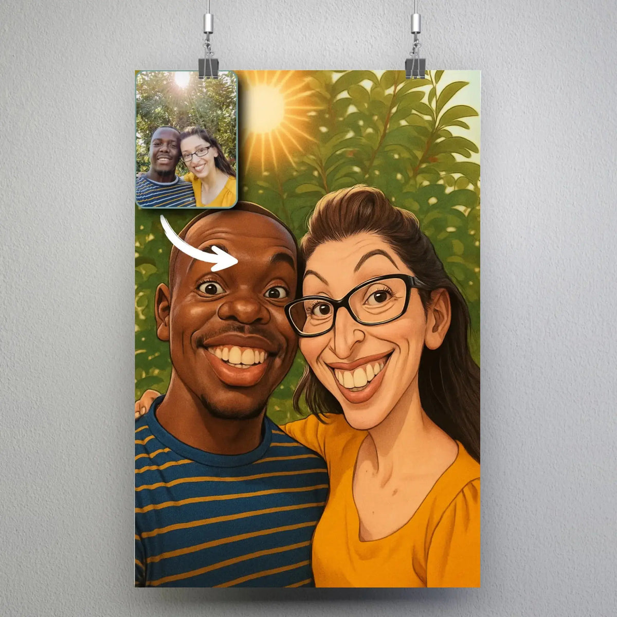 Affiche personnalisée style caricature, portrait de couple suspendu avec pinces