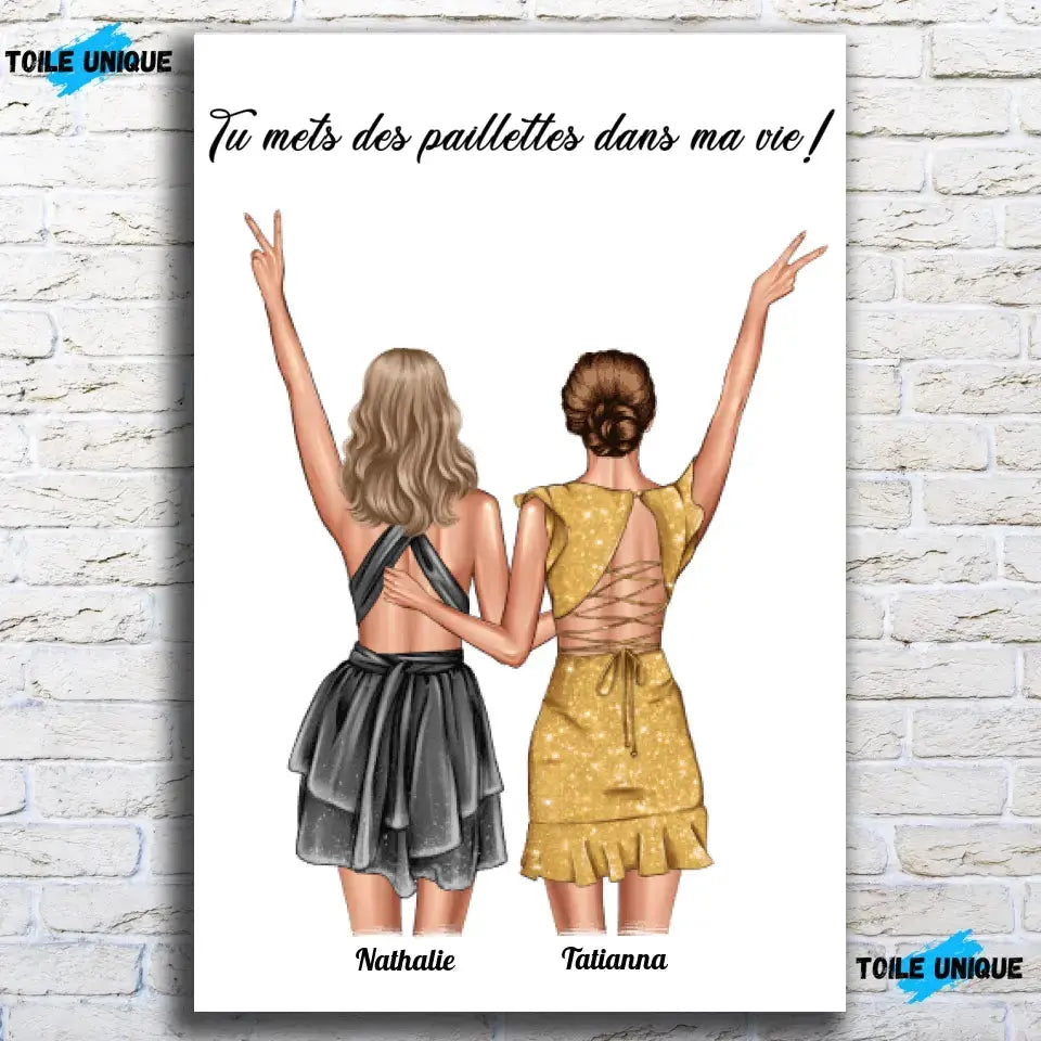 Affiche personnalisée couple de femmes, vue de face sur mur de briques blanches