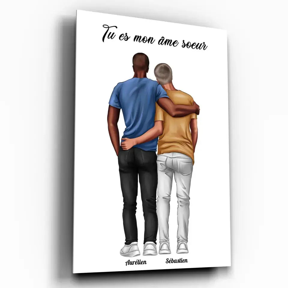 Affiche personnalisée couple hommes, exemple avec prénoms différents, cadre mural