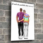 Affiche personnalisée couple hommes dans un loft, mur de pierre grise, cadres empilés
