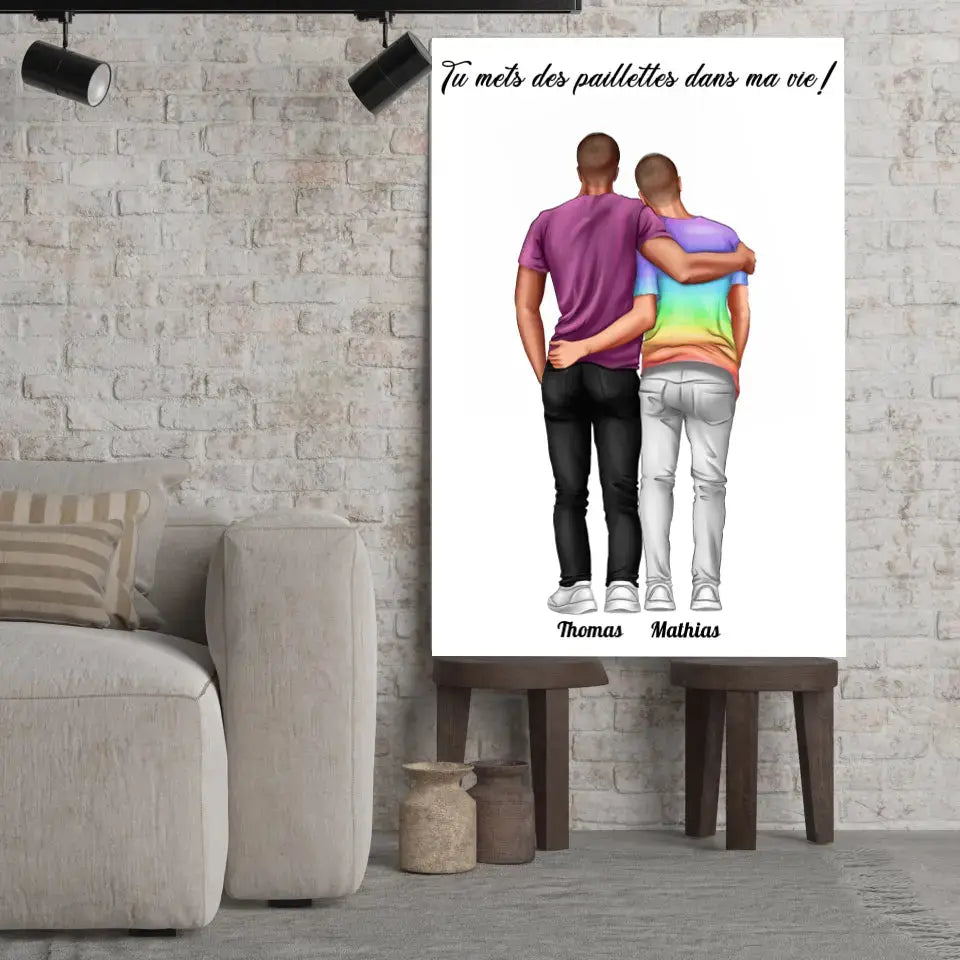 Affiche personnalisée couple hommes posée sur un meuble bas, gros plan