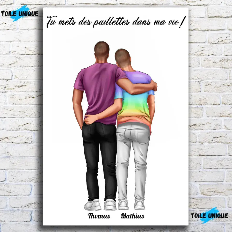 Affiche personnalisée couple hommes, vue de face sur mur de briques blanches