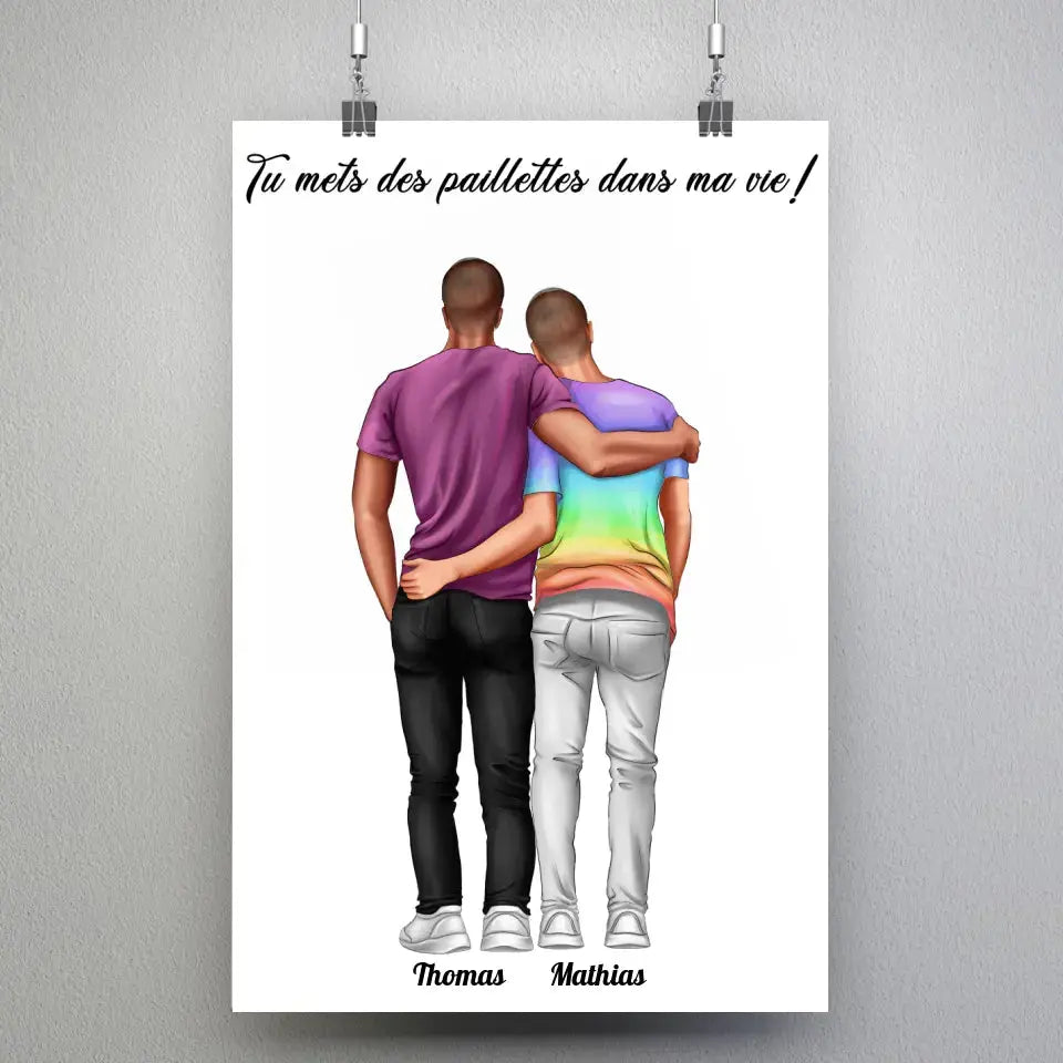 Affiche personnalisée couple hommes, suspendue avec pinces