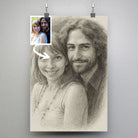 Affiche personnalisée effet dessin au crayon graphite, portrait de couple suspendu avec pinces