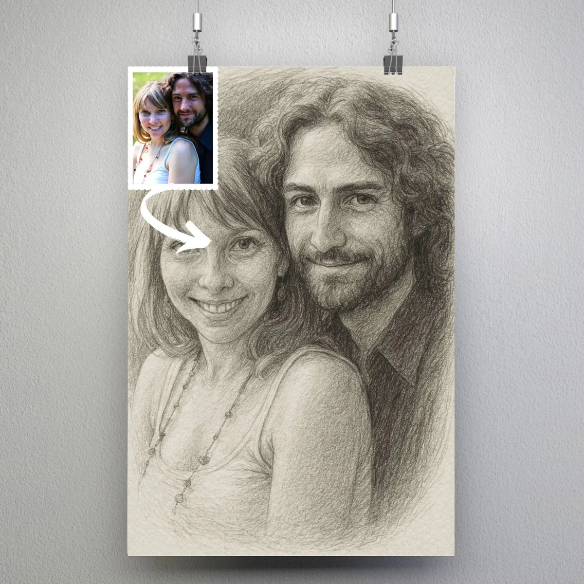 Affiche personnalisée effet dessin au crayon graphite, portrait de couple suspendu avec pinces