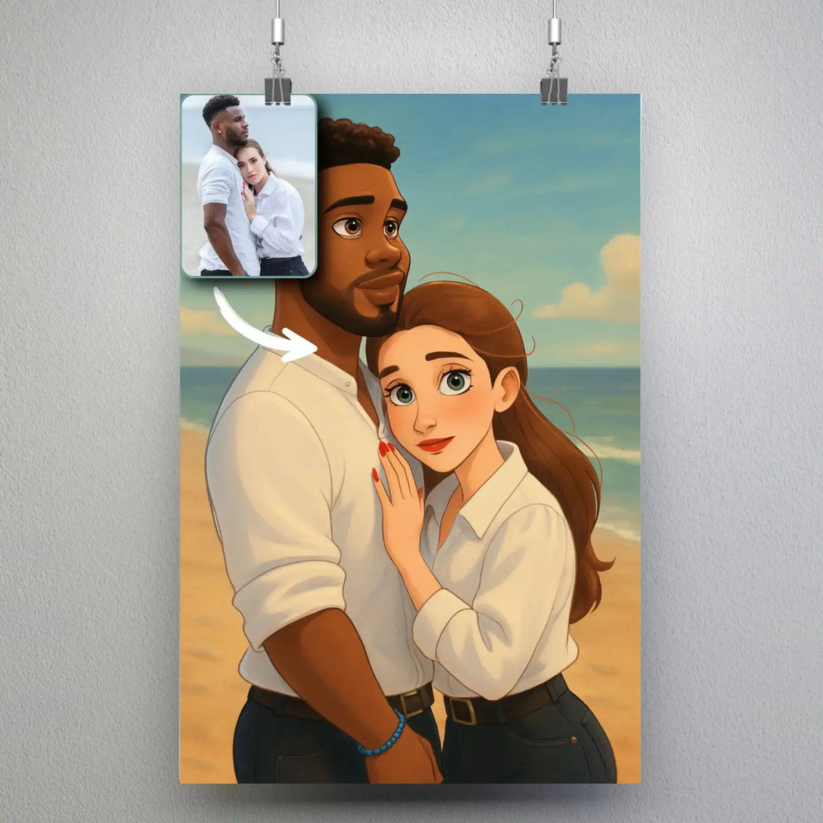 Affiche personnalisée style Disney, portrait de couple suspendu avec pinces