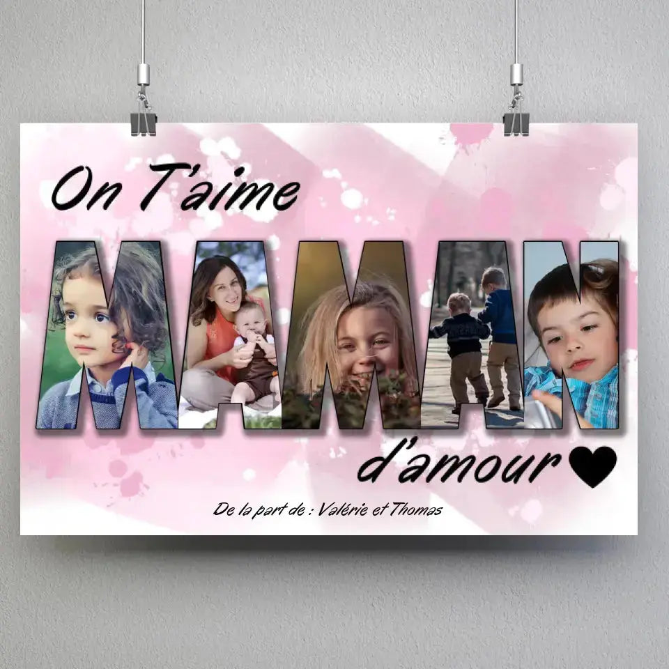 Affiche famille personnalisée lettres MAMAN photo, suspendue avec pinces