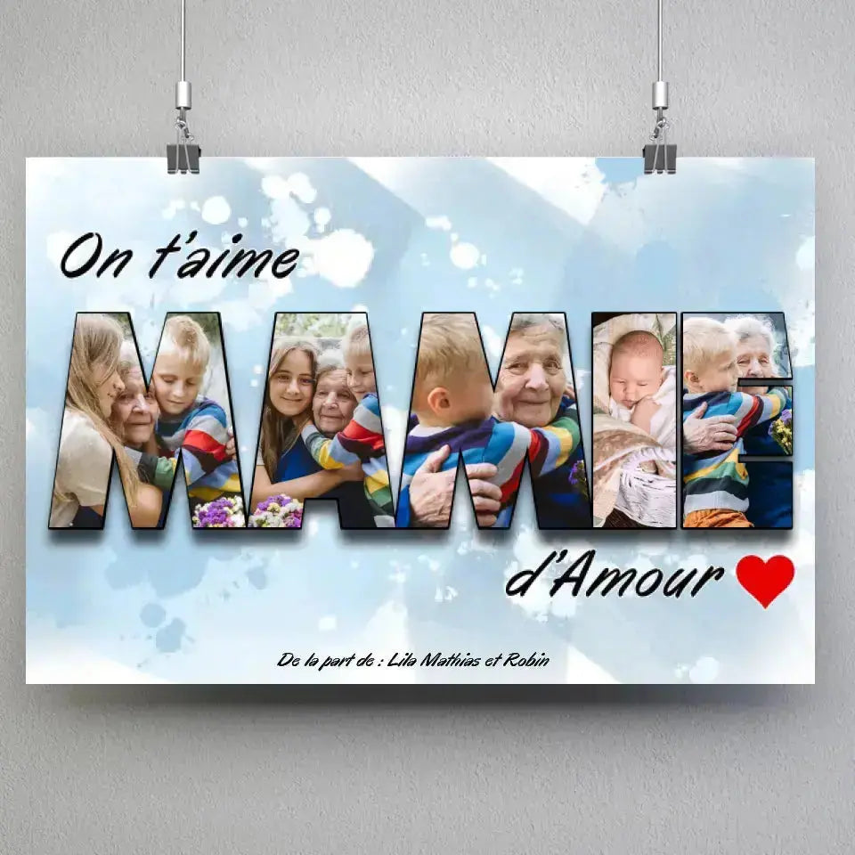 Affiche famille personnalisée lettres MAMIE photo, suspendue avec pinces