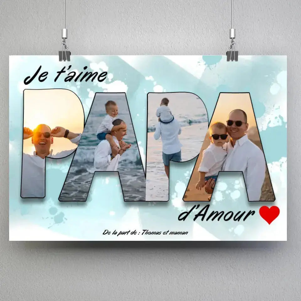 Affiche famille personnalisée lettres PAPA photo, suspendue avec pinces