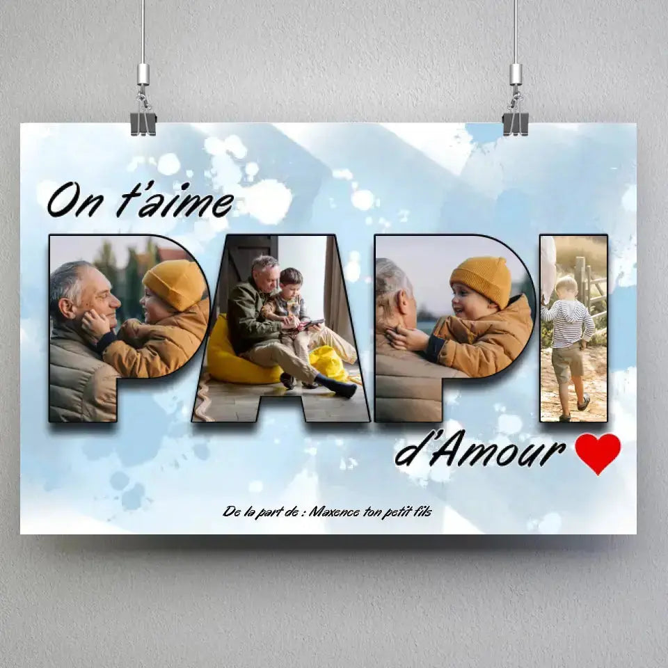 Affiche famille personnalisée lettres PAPI photo, suspendue avec pinces
