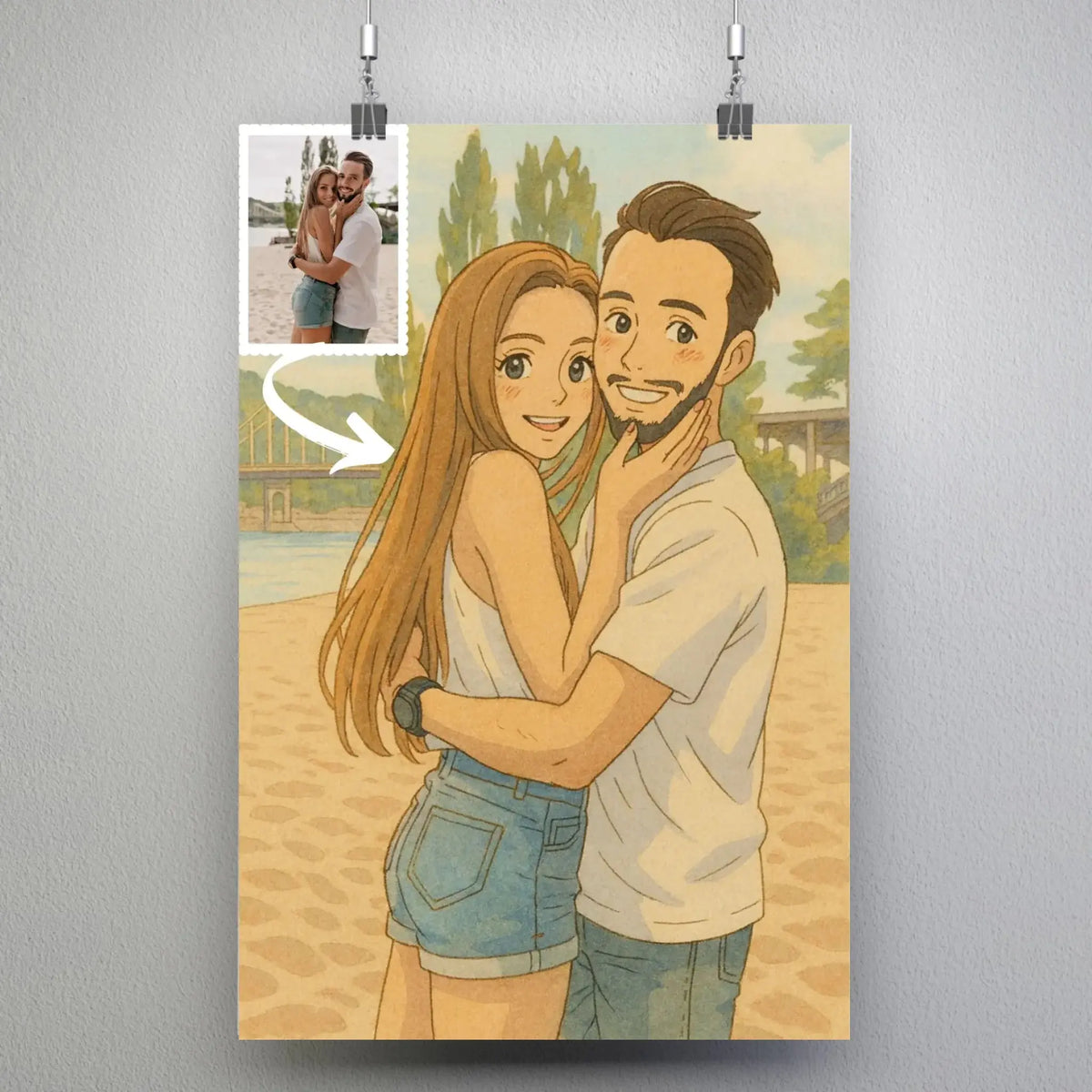 Affiche personnalisée style anime japonais Ghibli, portrait de couple suspendu avec pinces