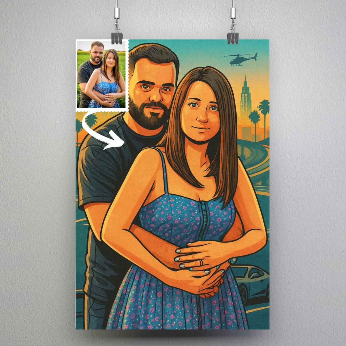Affiche personnalisée effet cartoon type GTA, portrait de couple suspendu avec pinces