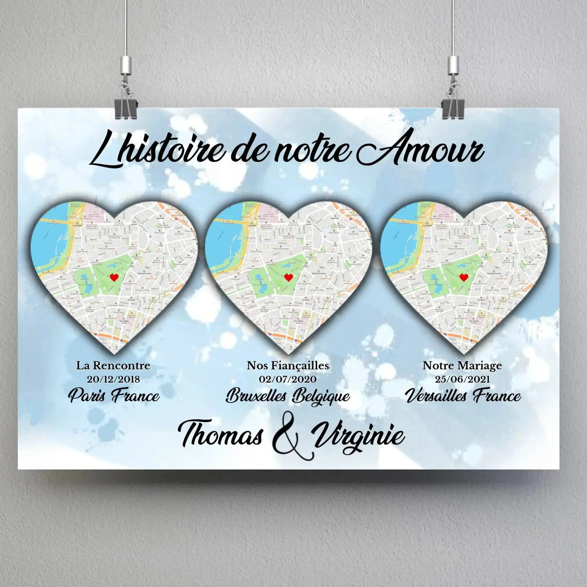 Affiche Lieu de Rencontre personnalisée histoire de notre amour, suspendue avec pinces