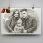 Affiche horizontale personnalisée effet dessin au crayon graphite, portrait de famille avec photo avant-après